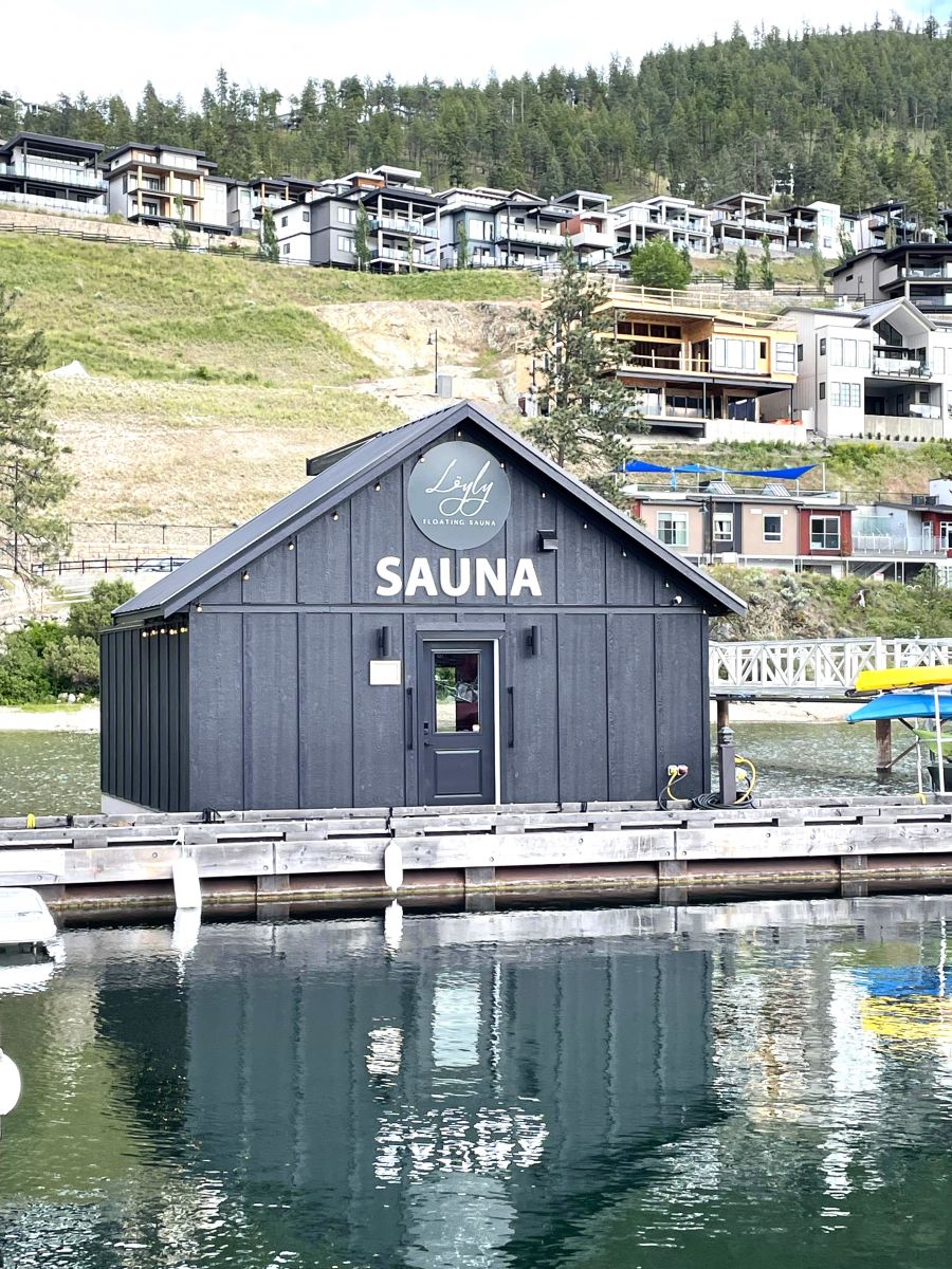 <who>Photo credit: Steve MacNaull</who>Yes, Loyly Floating Sauna actually floats in Okanagan Lake.