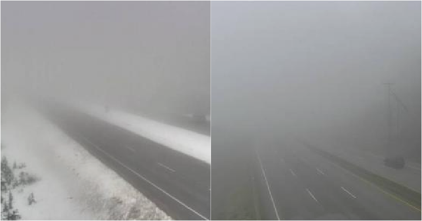 <who> Photo credit: DriveBC </who> The Connector (left) and Coquihalla (right) early this afternoon.